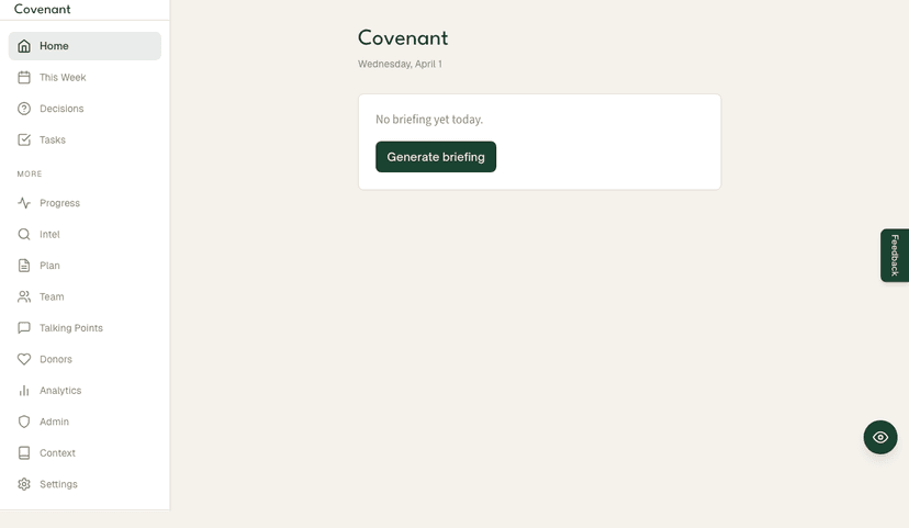 Covenant dashboard showing daily campaign priorities