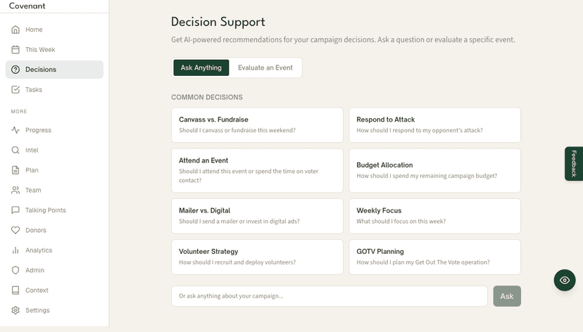 Covenant event evaluation with attend or decline recommendation